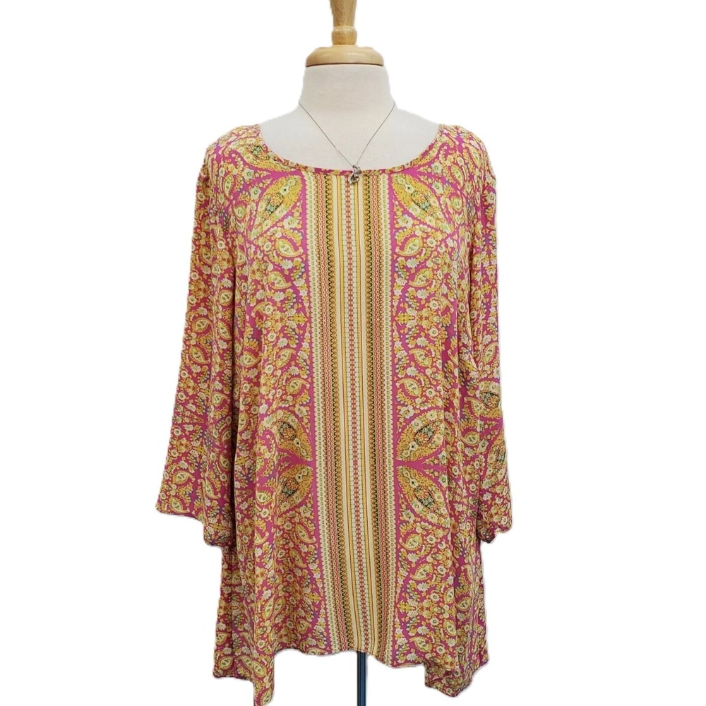 Rose + Olive Womens 1X Pink Yellow Paisley Print Boho Flowy Tunic‎ Top Blouse